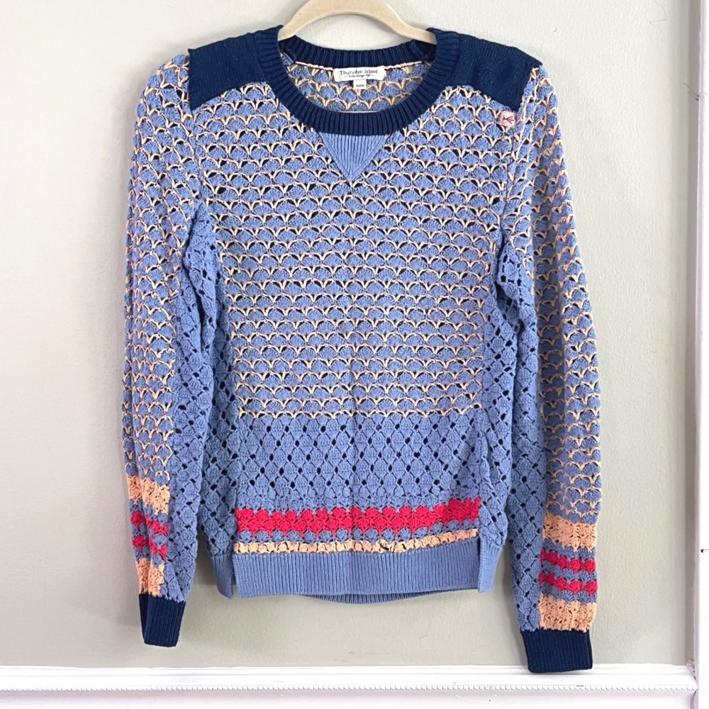 Thursday Island Crochet Sweater Womens M Scalloped Open Knit Blue Urban Vintage